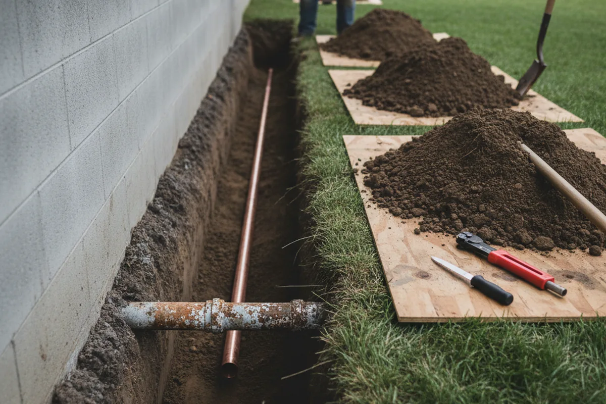 Excavated water line trench during Water Softener Installation in Salinas